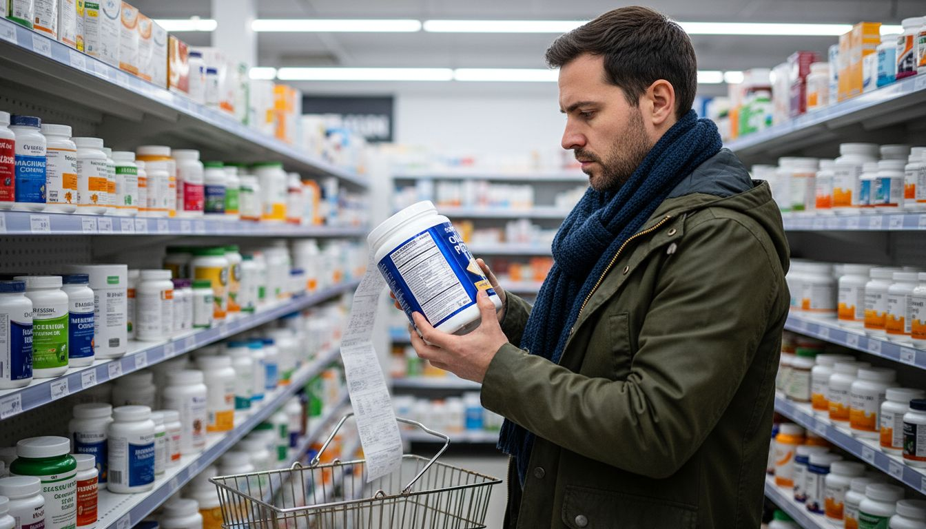 Man reading collagen ingredients label pharmacy
