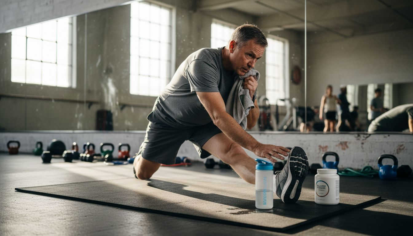 Man stretching in gym with collagen supplement