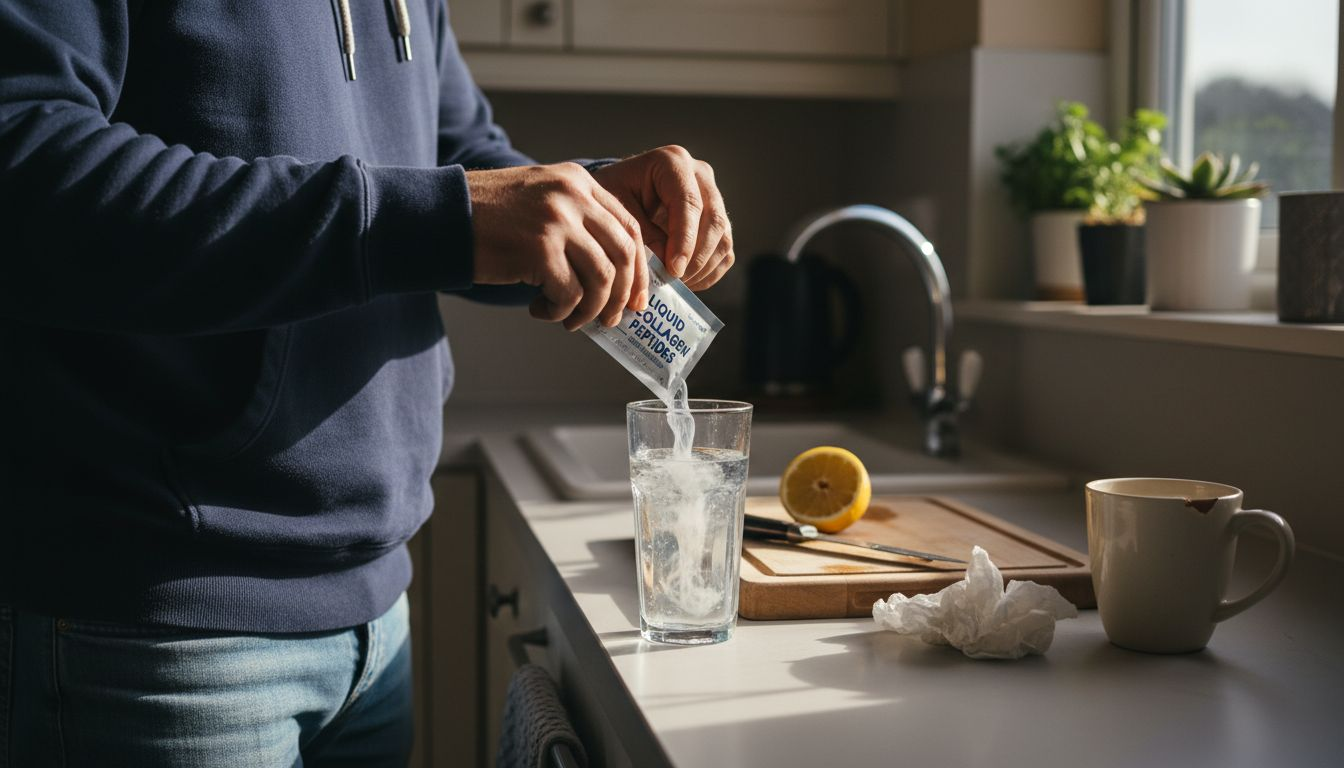 Man preparing daily collagen supplement drink