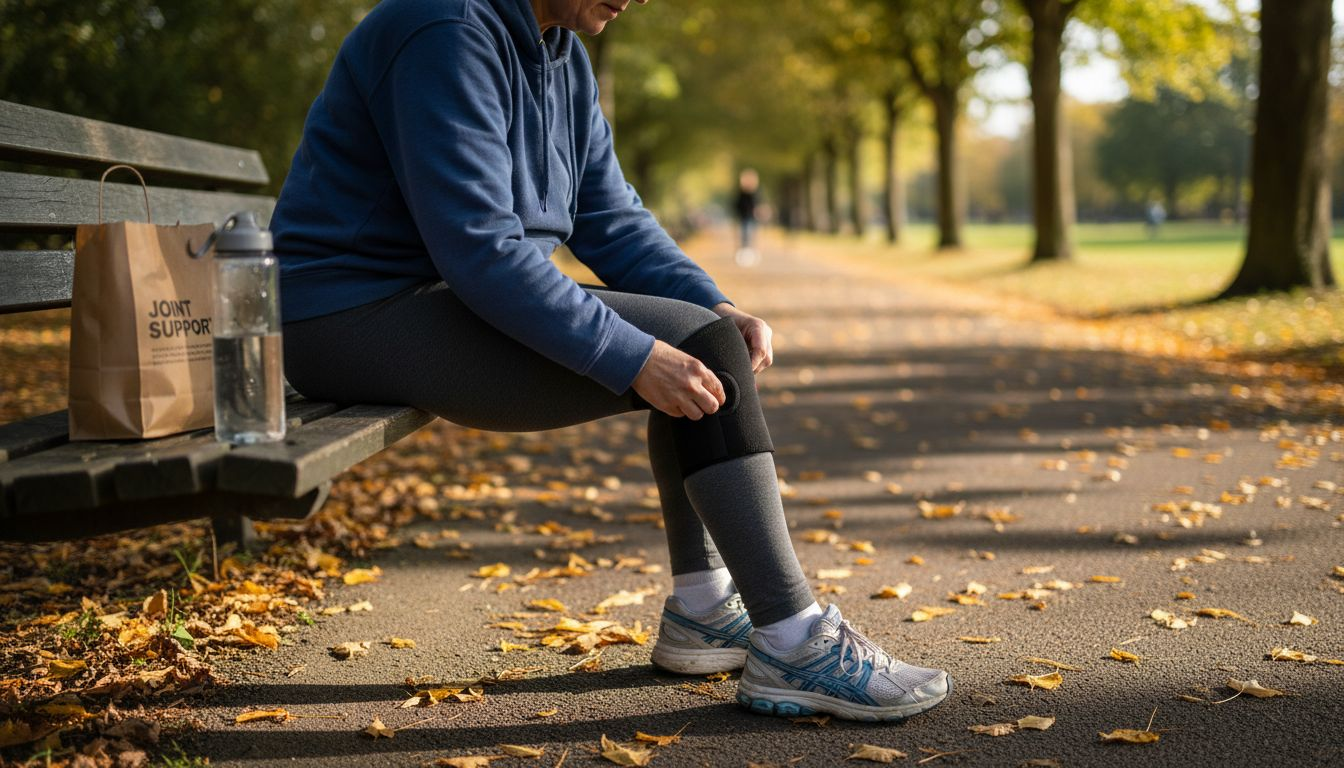 Woman stretching with knee support outdoors