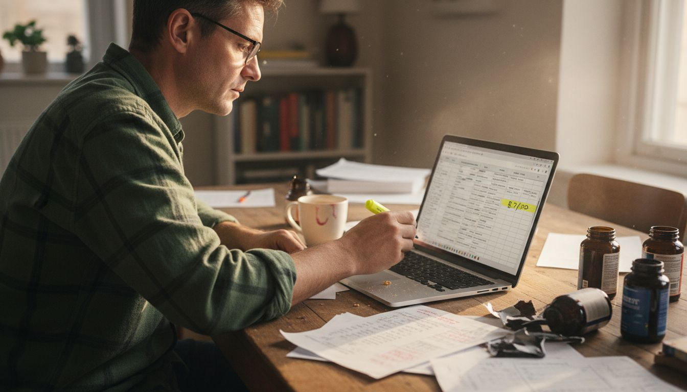 Man comparing collagen supplement brands at table