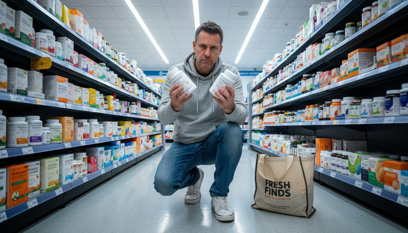 Man comparing collagen supplement bottles in store