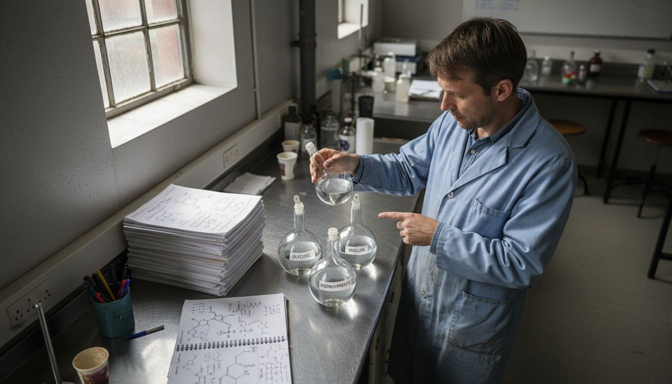 Biochemist comparing collagen amino acid flasks