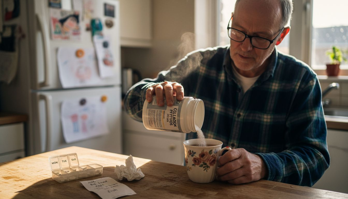 Man preparing collagen supplement in kitchen