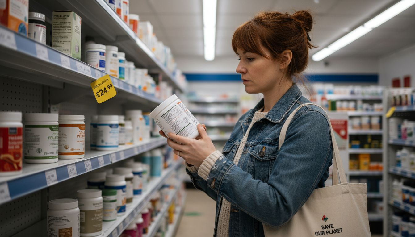 Woman reading collagen supplement label in pharmacy