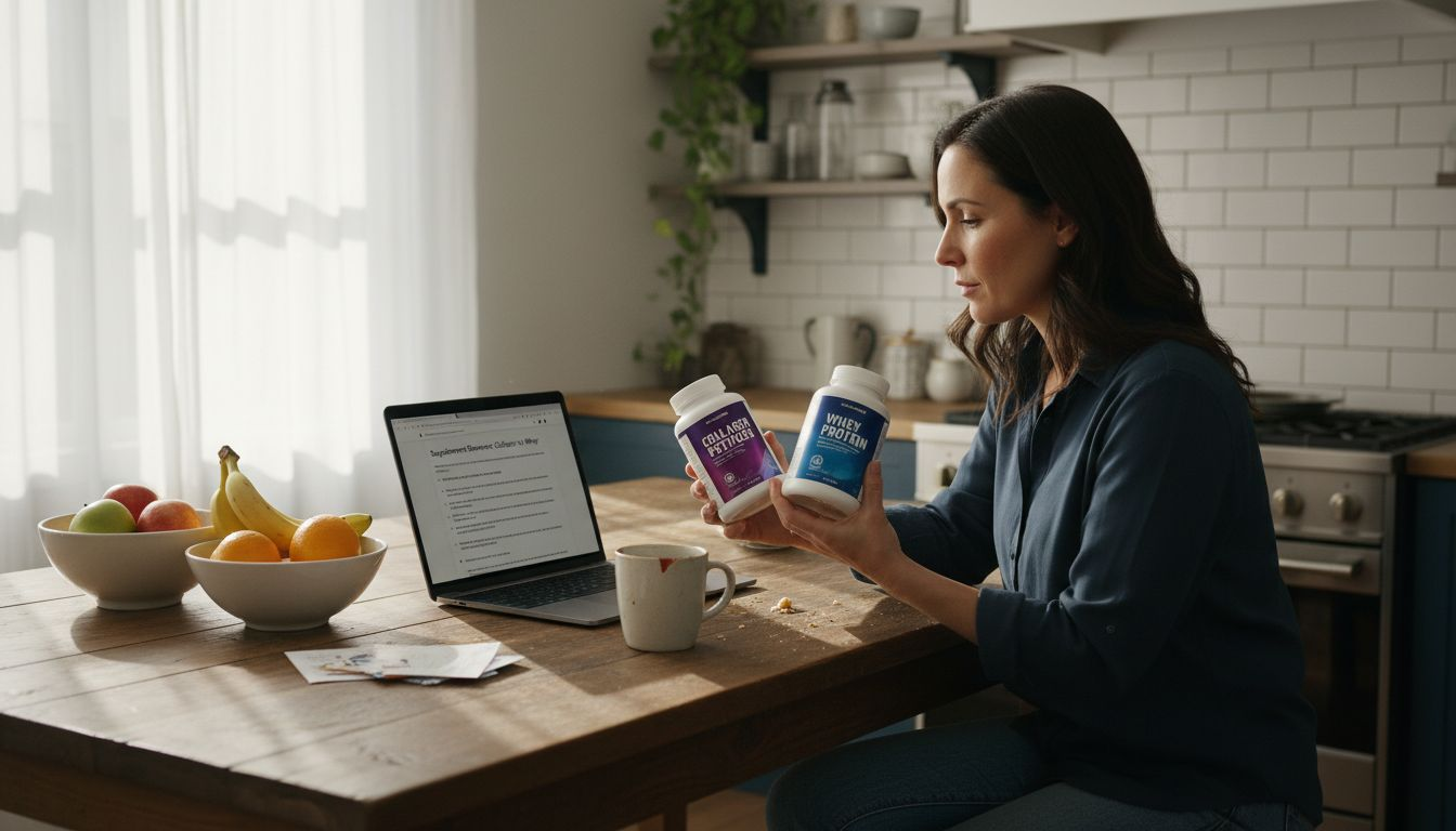 Woman comparing collagen and whey products