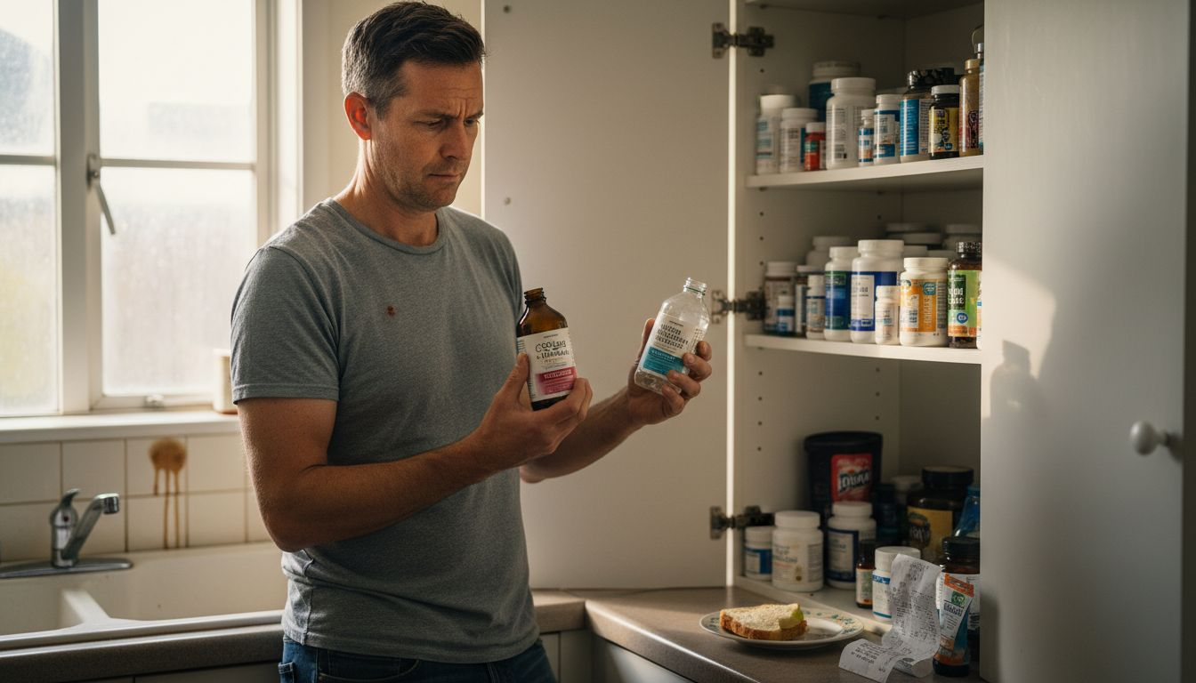 Man choosing between liquid collagen bottles