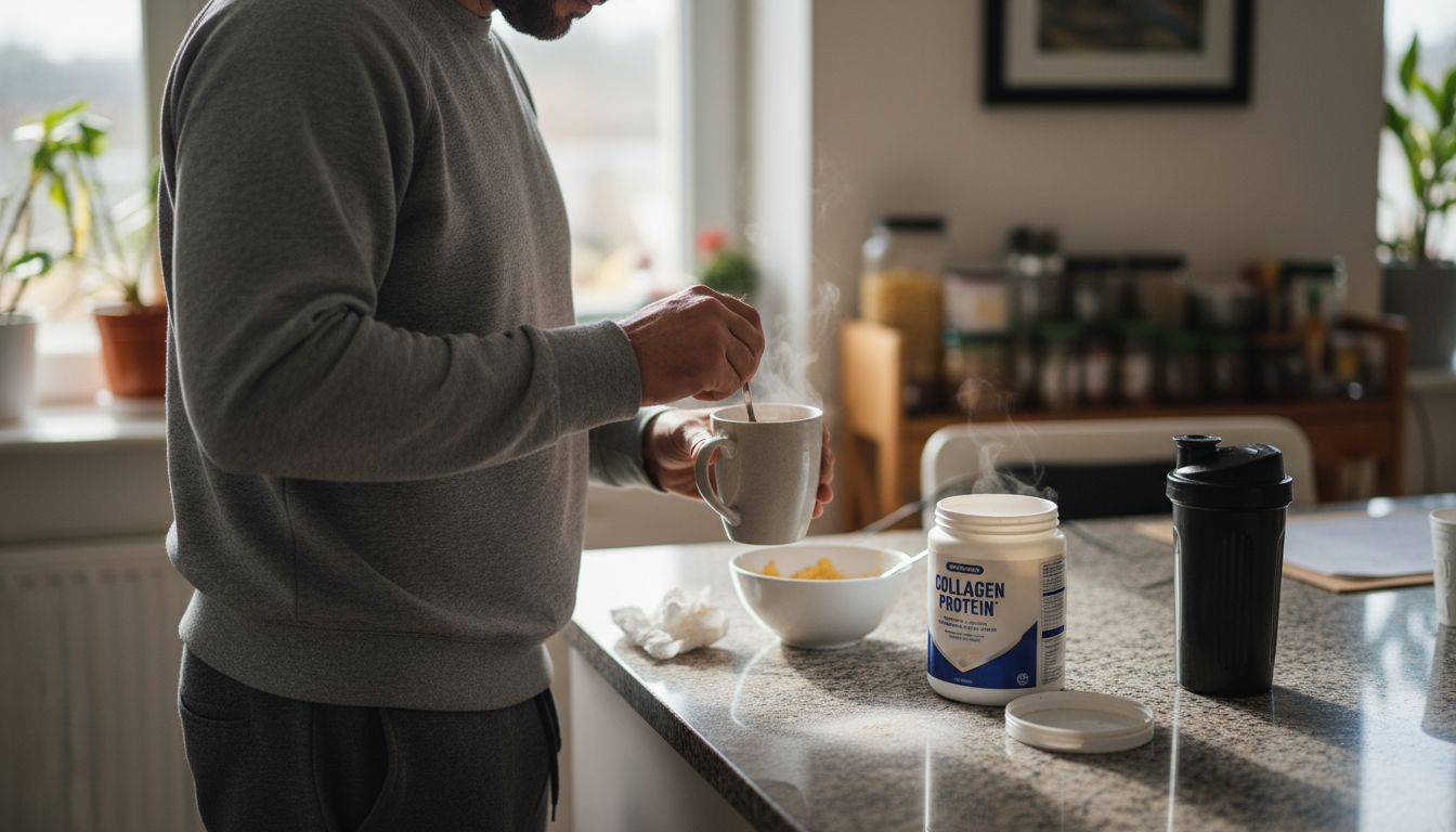 Man mixing collagen powder in kitchen