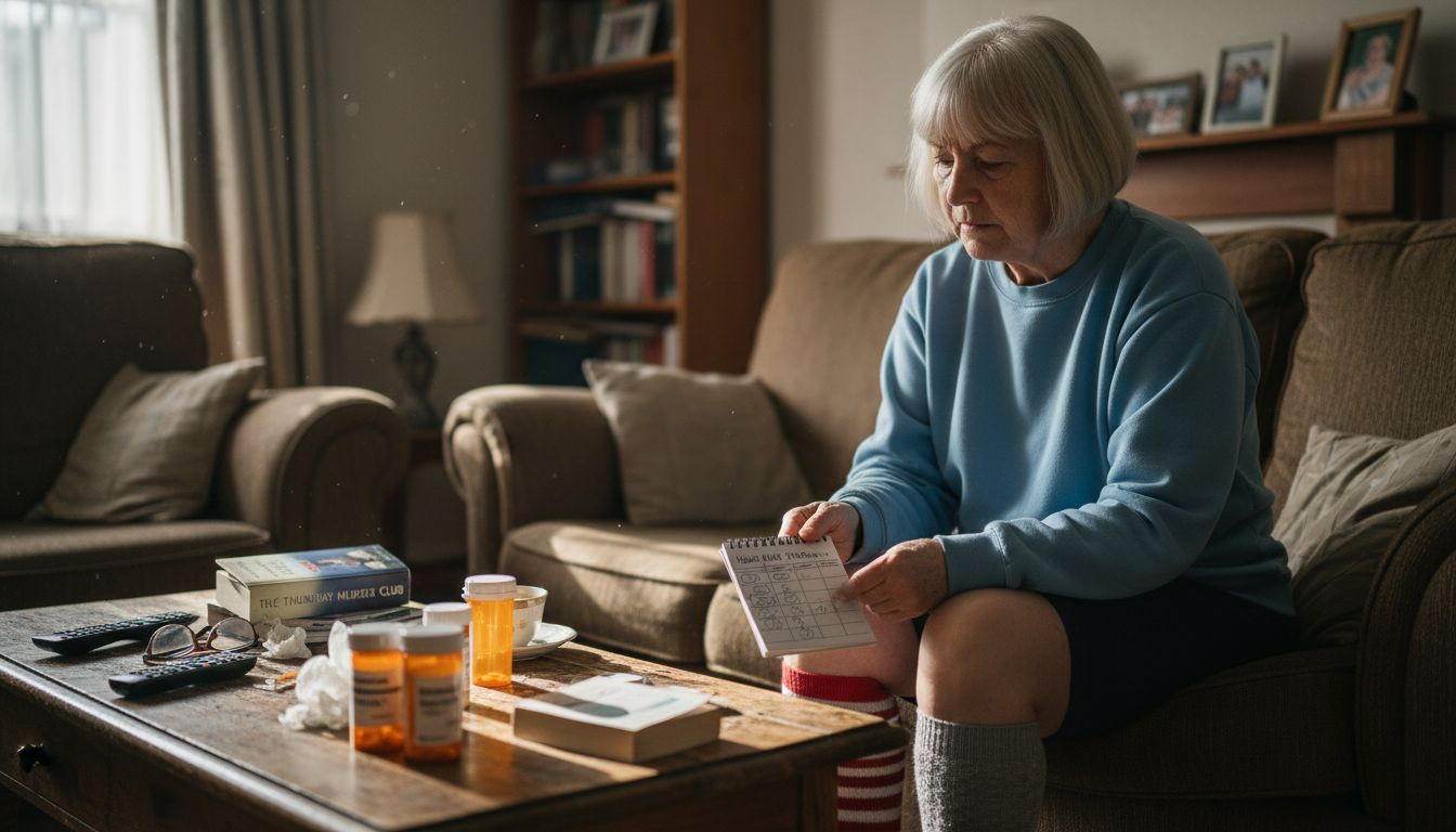 Older woman tracking joint pain at home