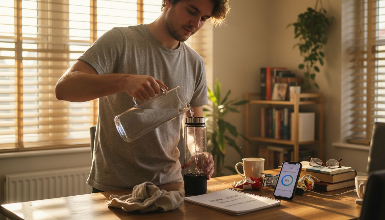 Man filling water bottle at dining table