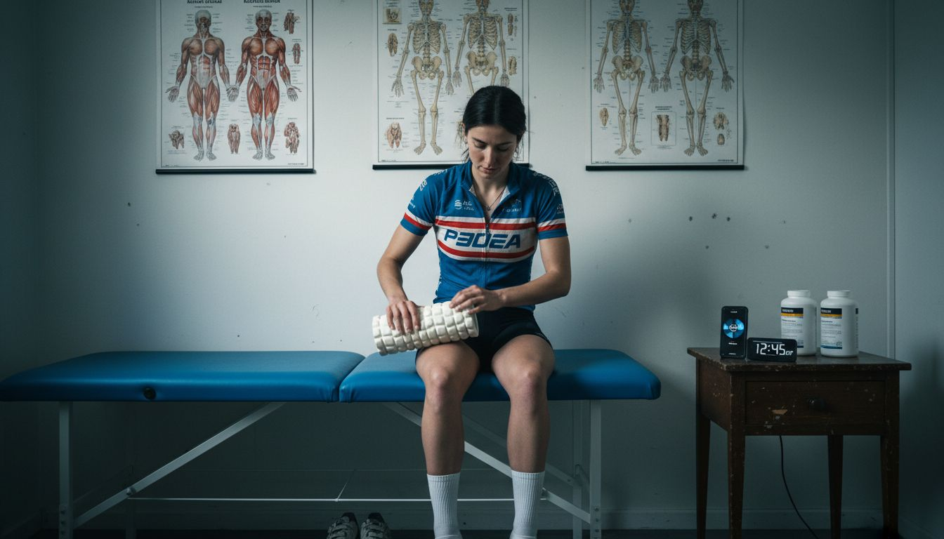 Cyclist using foam roller in clinic recovery
