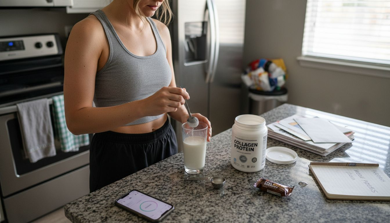 Woman prepares collagen shake in home kitchen