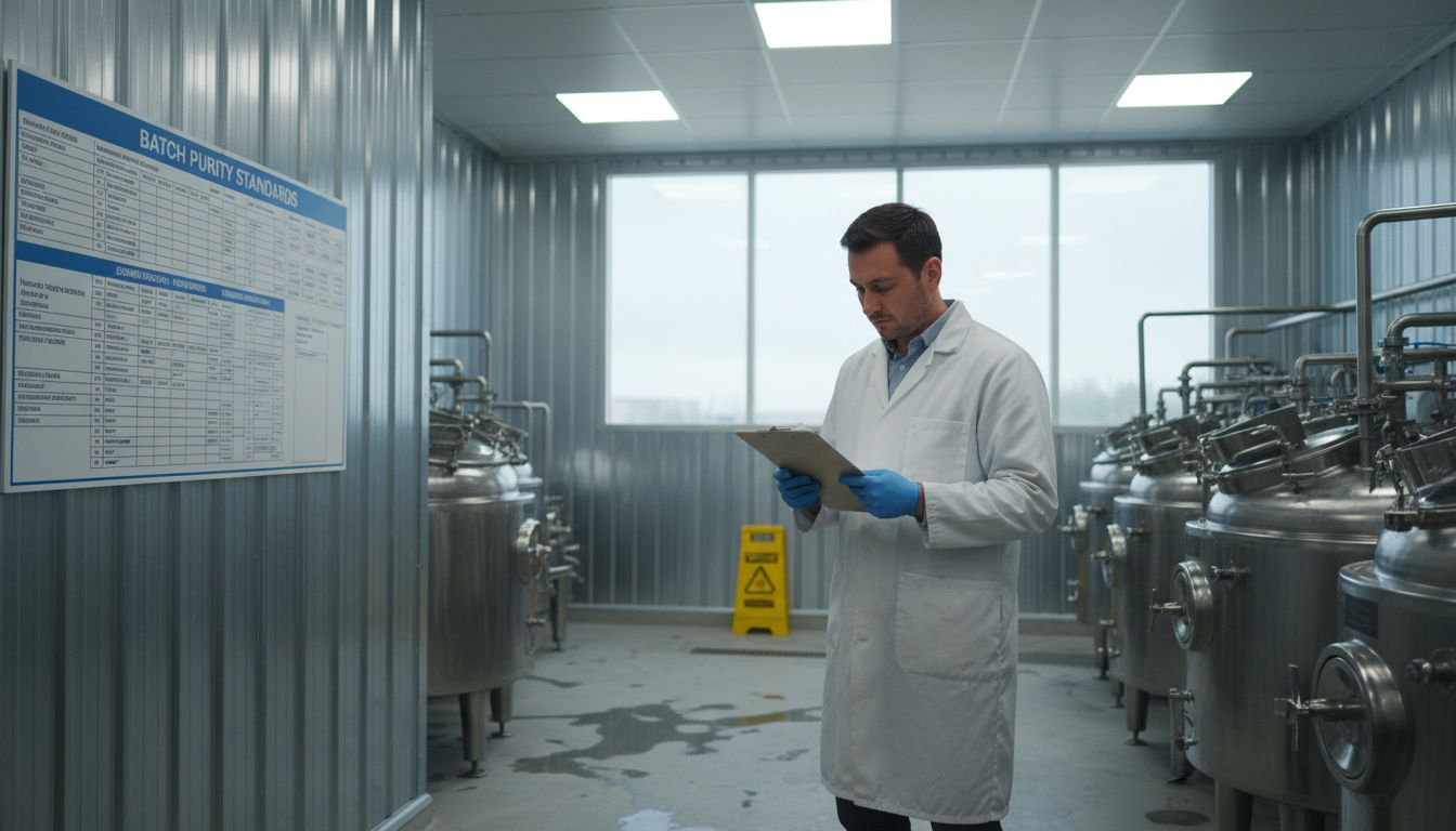 Technician with collagen mixing tanks in facility