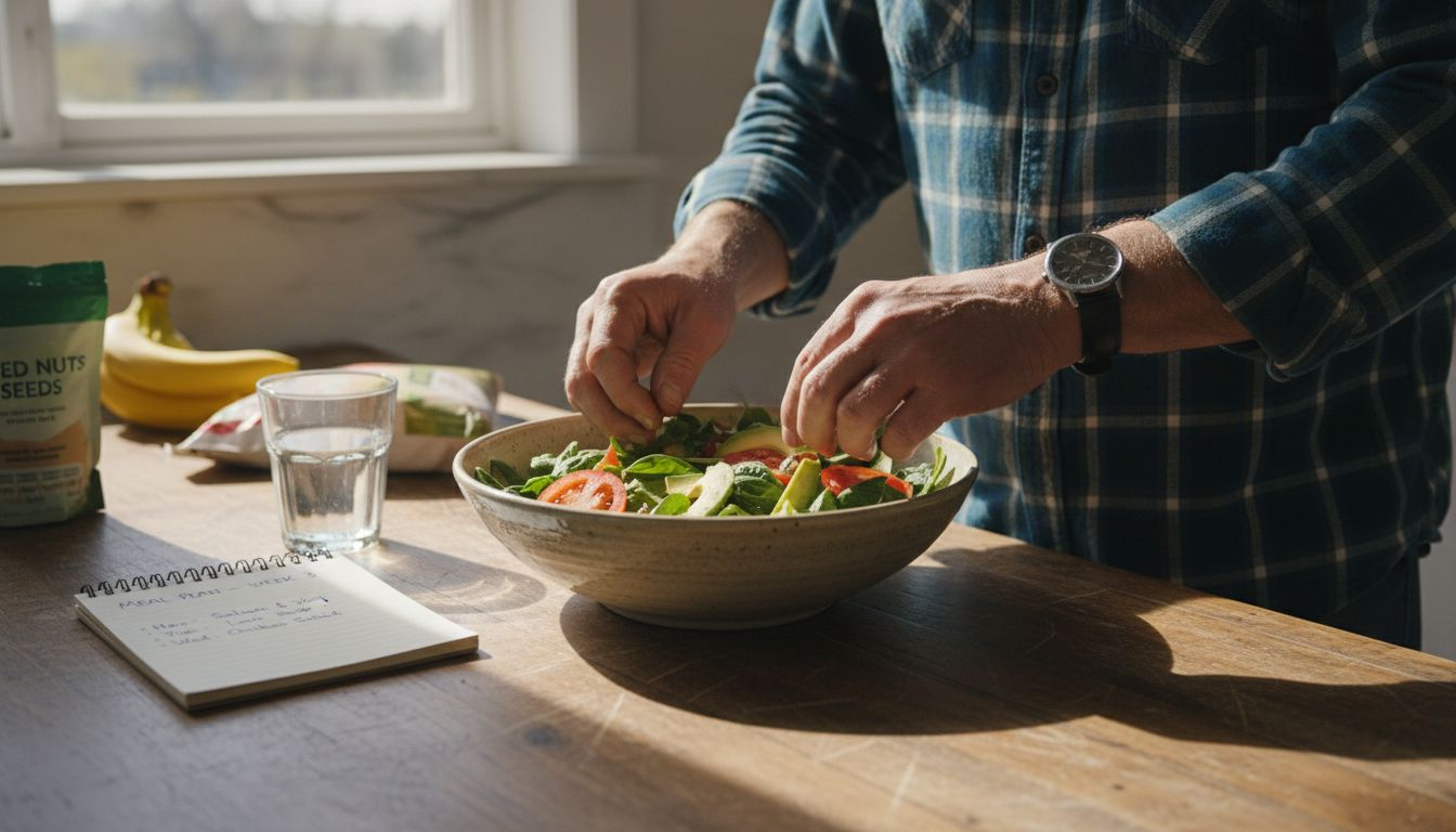 Man preparing nutrient-rich salad at kitchen table