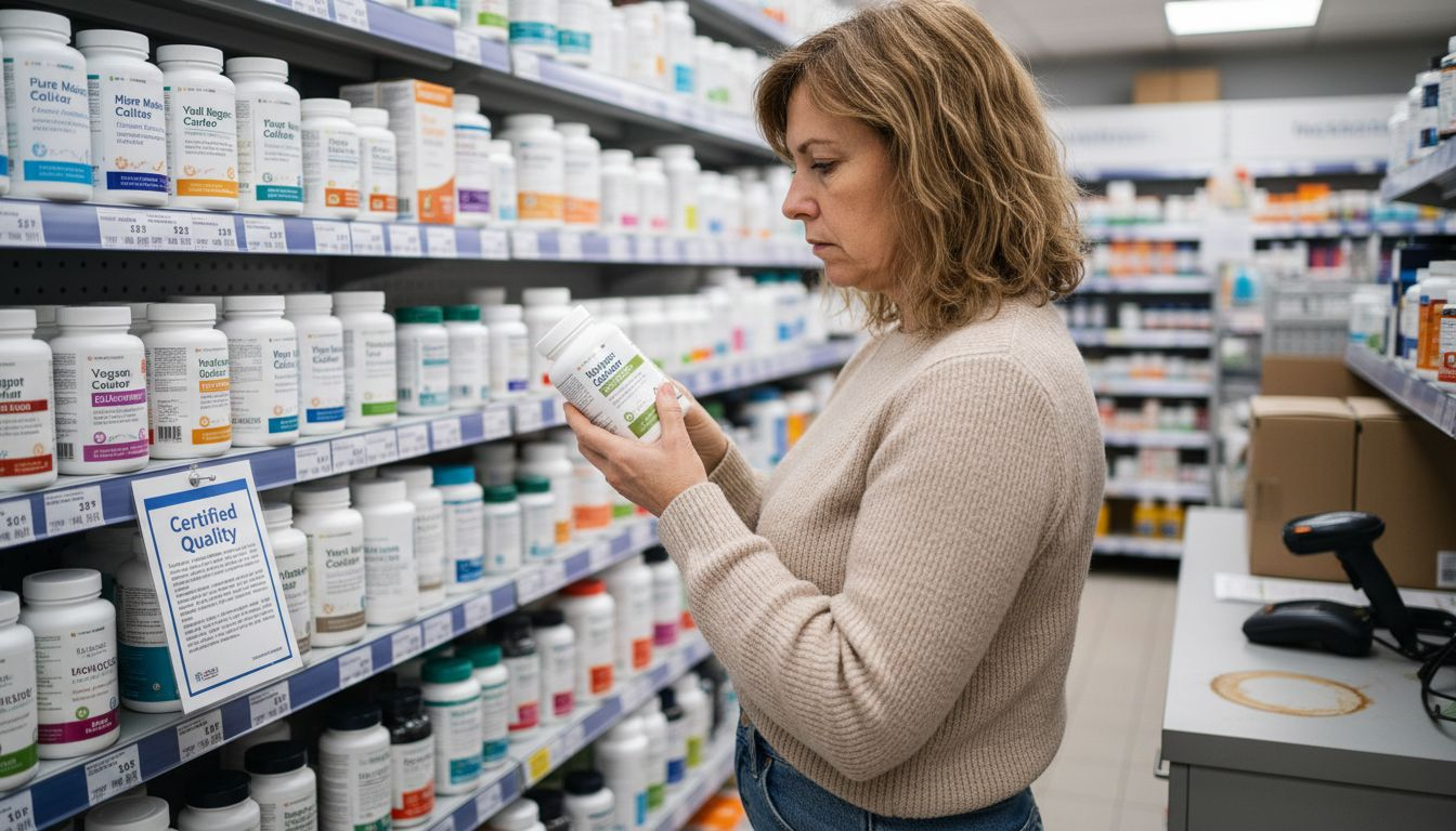 Woman choosing collagen supplements in pharmacy