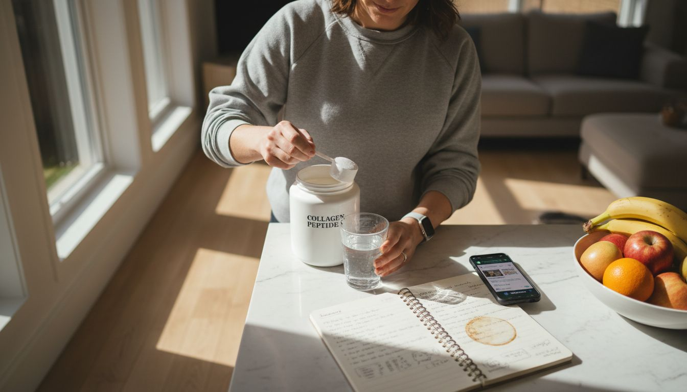 Woman mixing collagen in kitchen