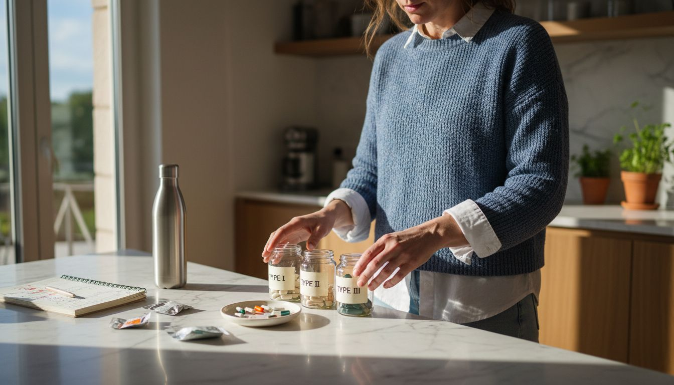 Nutritionist sorting labeled collagen jars in kitchen