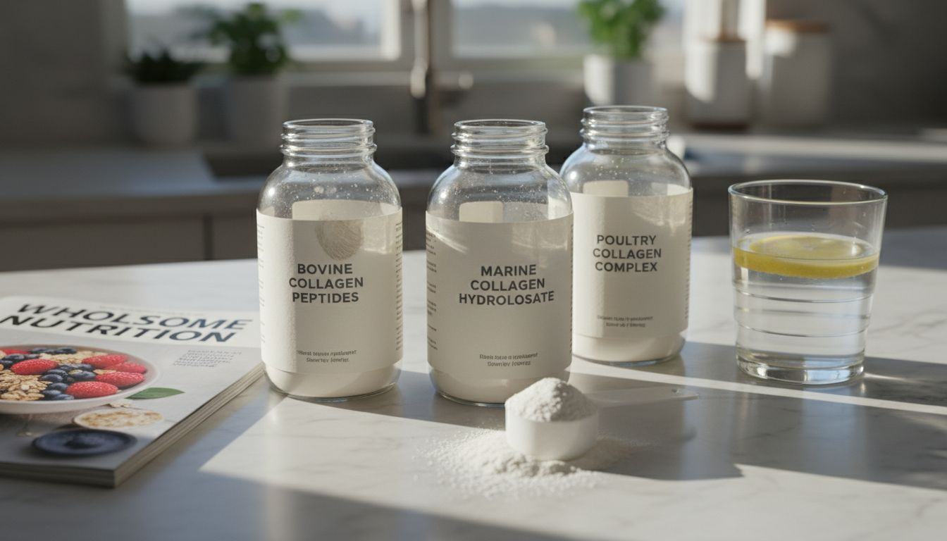 Collagen supplement bottles on kitchen counter