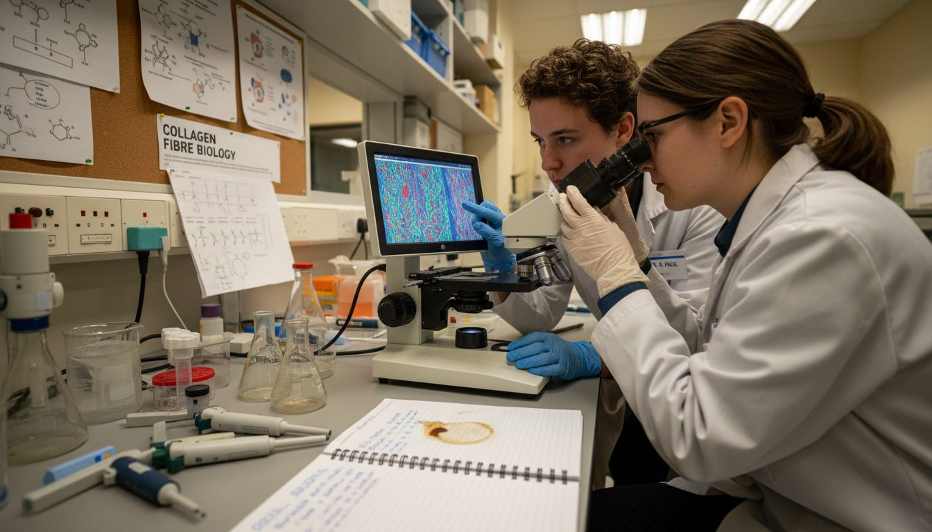 Lab technicians examining collagen fibers microscope
