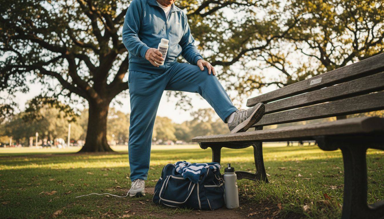 Senior man stretching with liquid protein bottle
