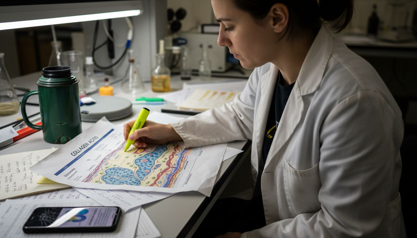 Person studying skin protein diagram in lab