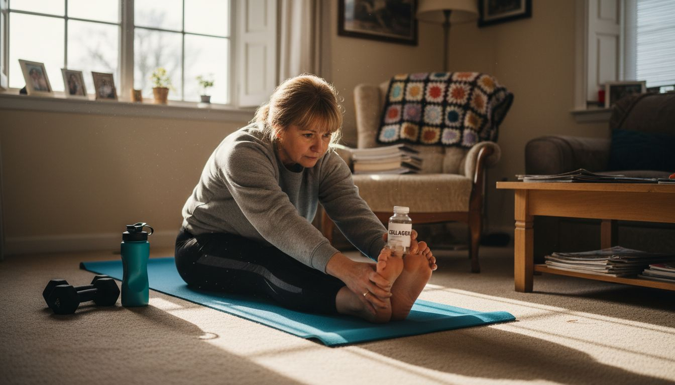 Woman stretching in home with supplements close