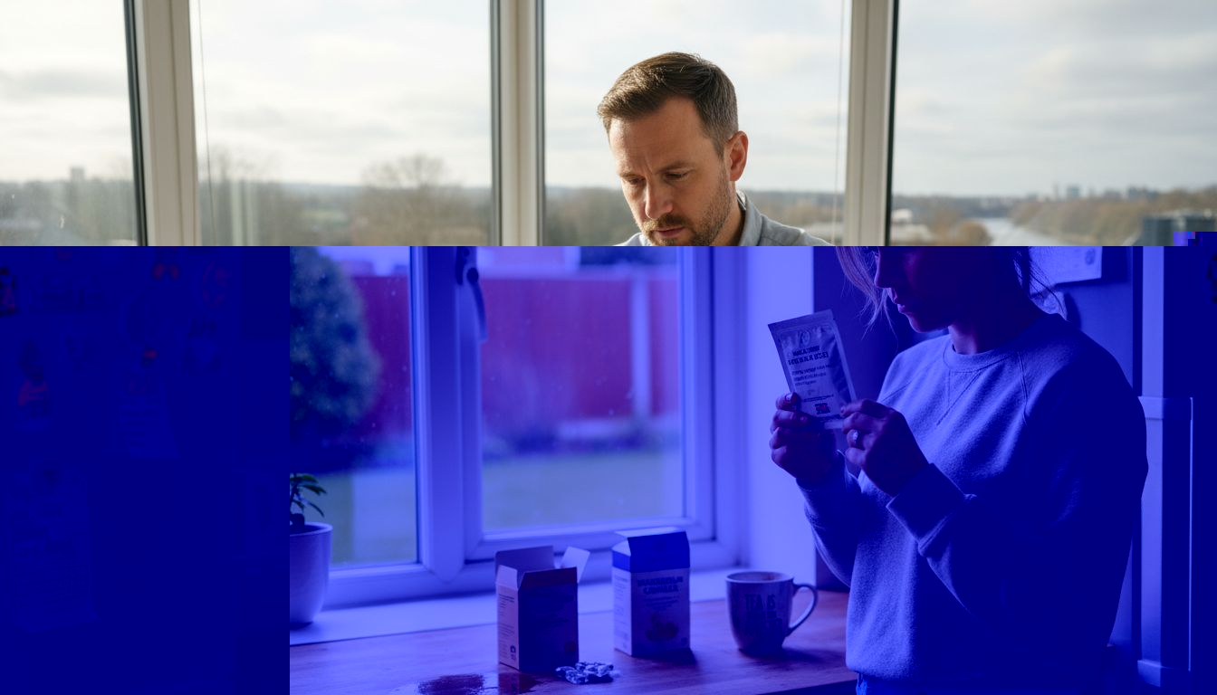 Woman inspecting collagen supplement label at home