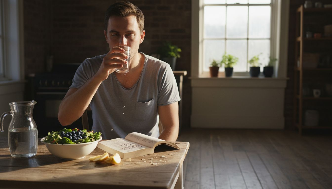 Man hydrating with healthy foods kitchen