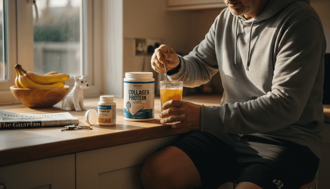 Man mixing collagen supplement after run