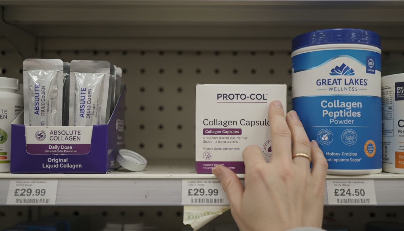 Collagen supplement brands on pharmacy shelf