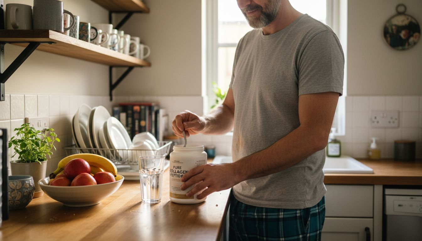 Man mixing collagen in everyday kitchen setting