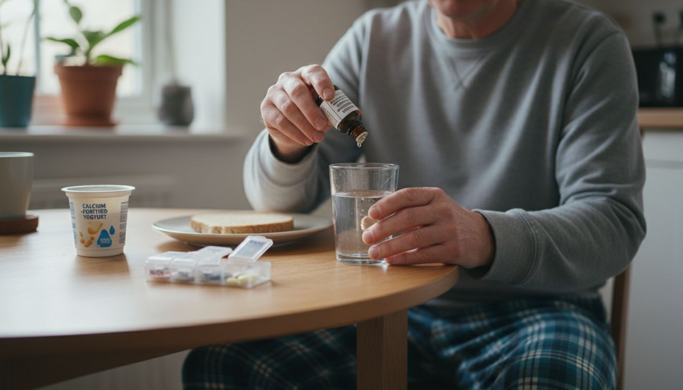 Man preparing vitamin D supplement at breakfast