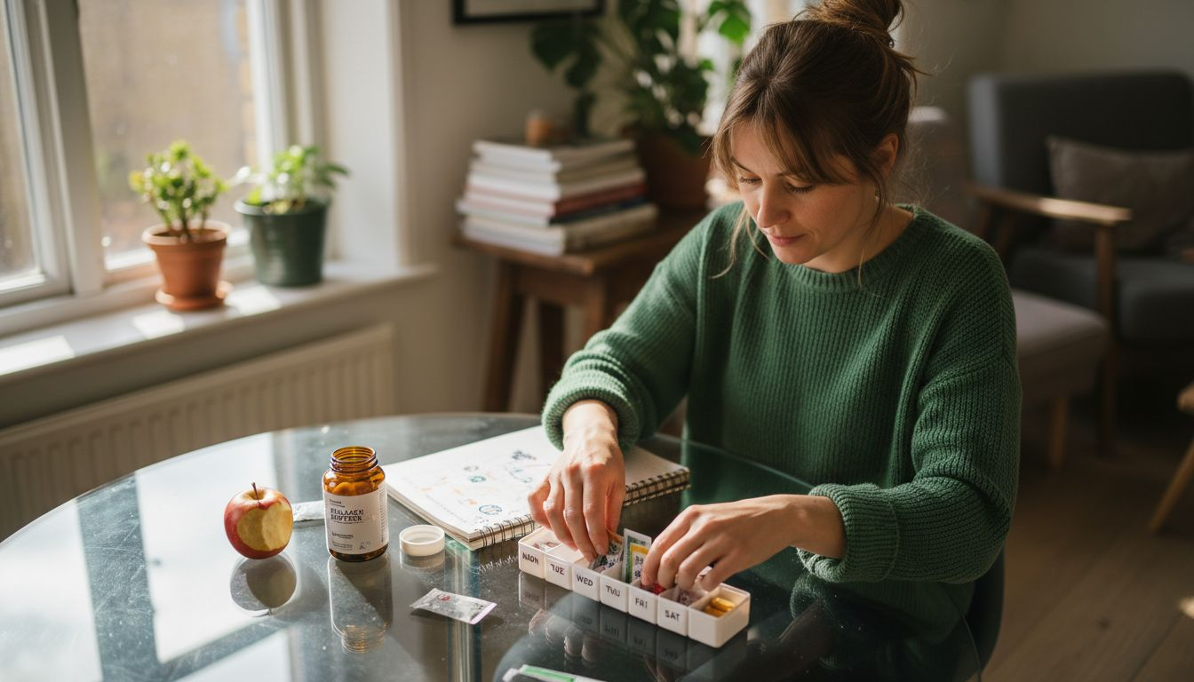 Nutritionist organizing collagen supplements at table