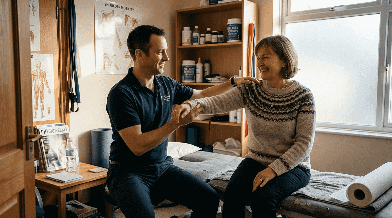Physiotherapist discussing collagen peptides for joint health