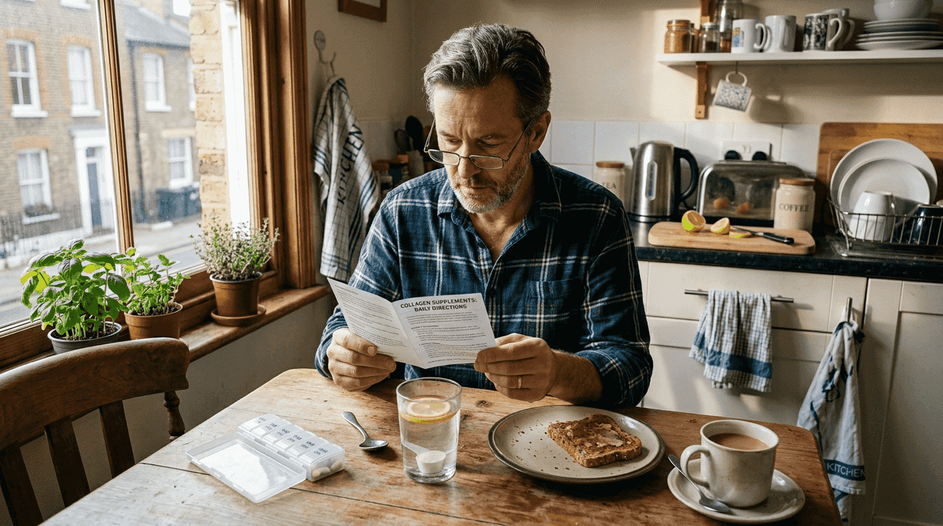 Man reading collagen instructions at table