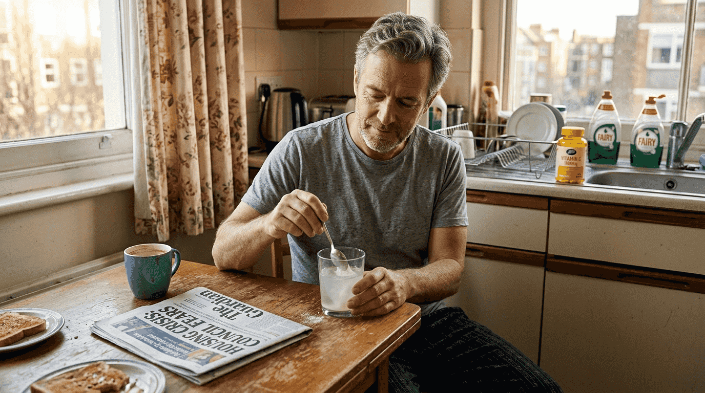 Man mixes collagen powder at breakfast