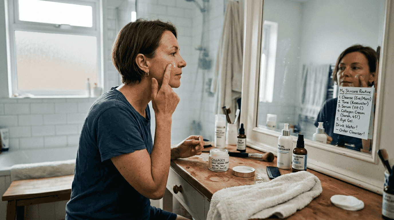 Woman applies collagen cream at vanity