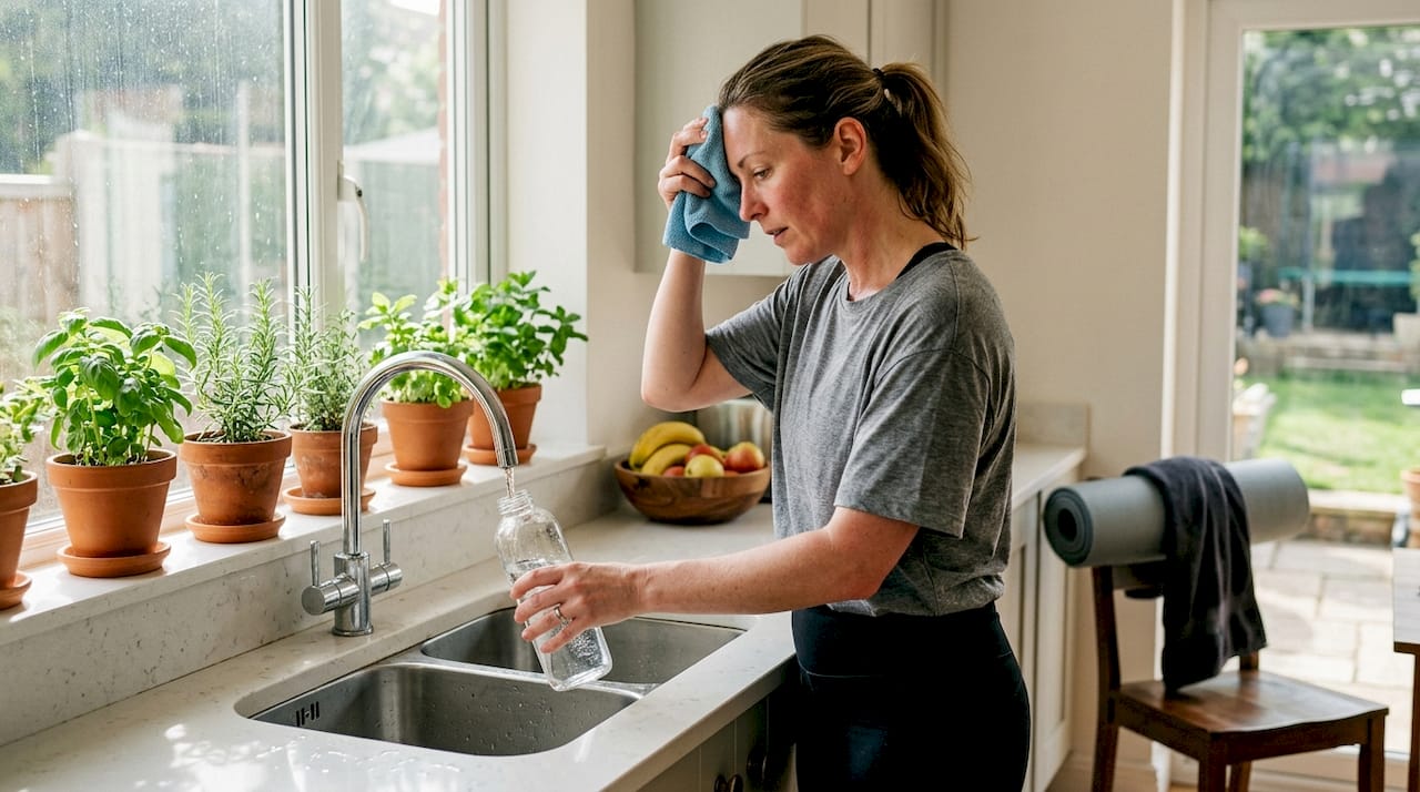 Woman hydrating after morning exercise at home