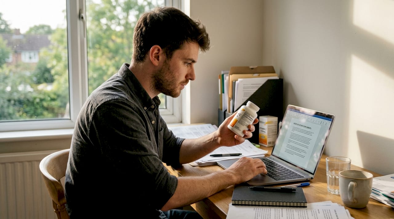 Man reading beauty supplement label at desk