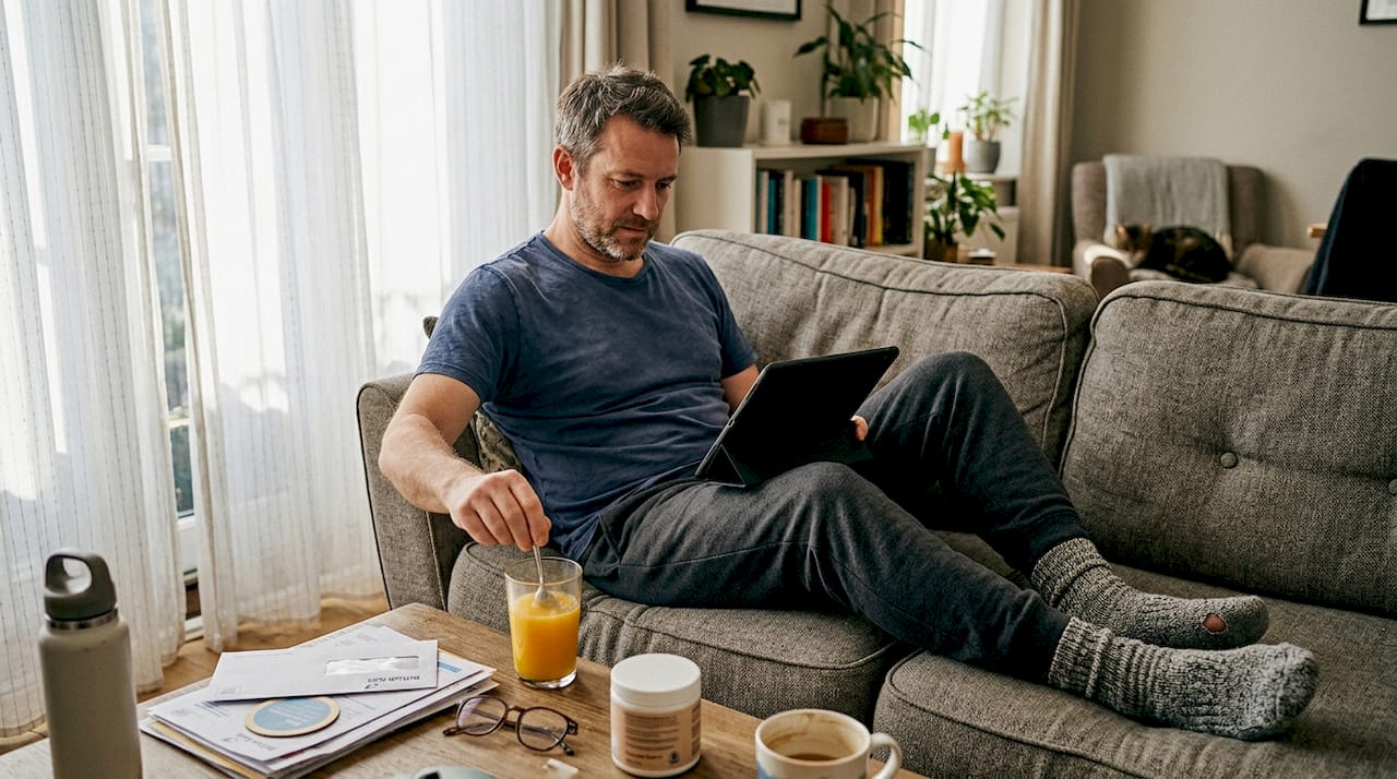 Man mixing collagen supplement in living room