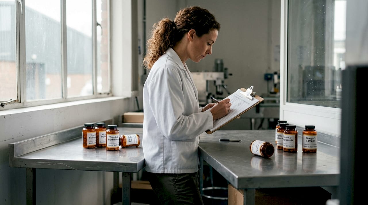 Technician inspecting supplement manufacturing workspace