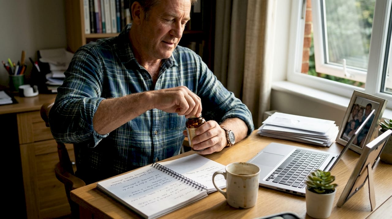 Man preparing to take collagen at home desk