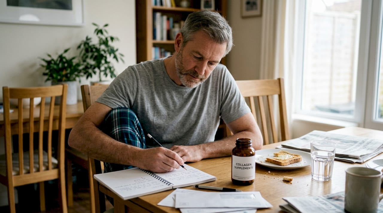 Man tracking collagen intake in journal