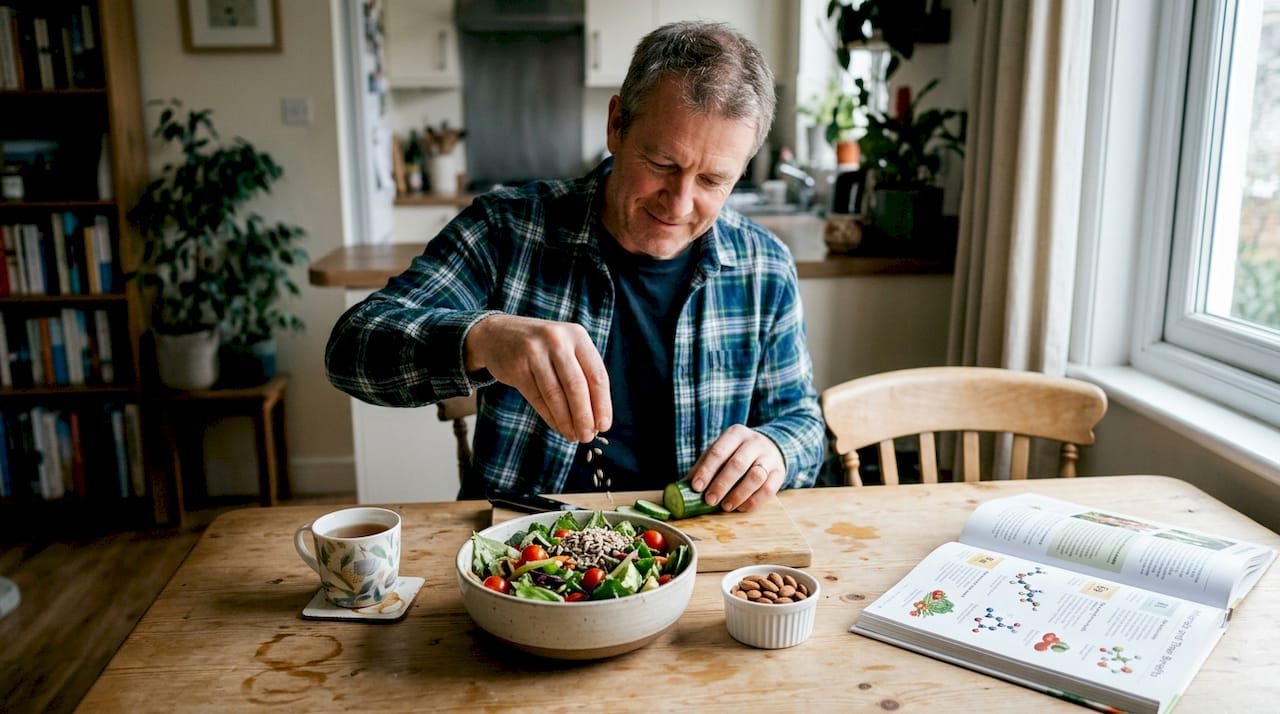 Man prepares mineral-rich salad at dining table
