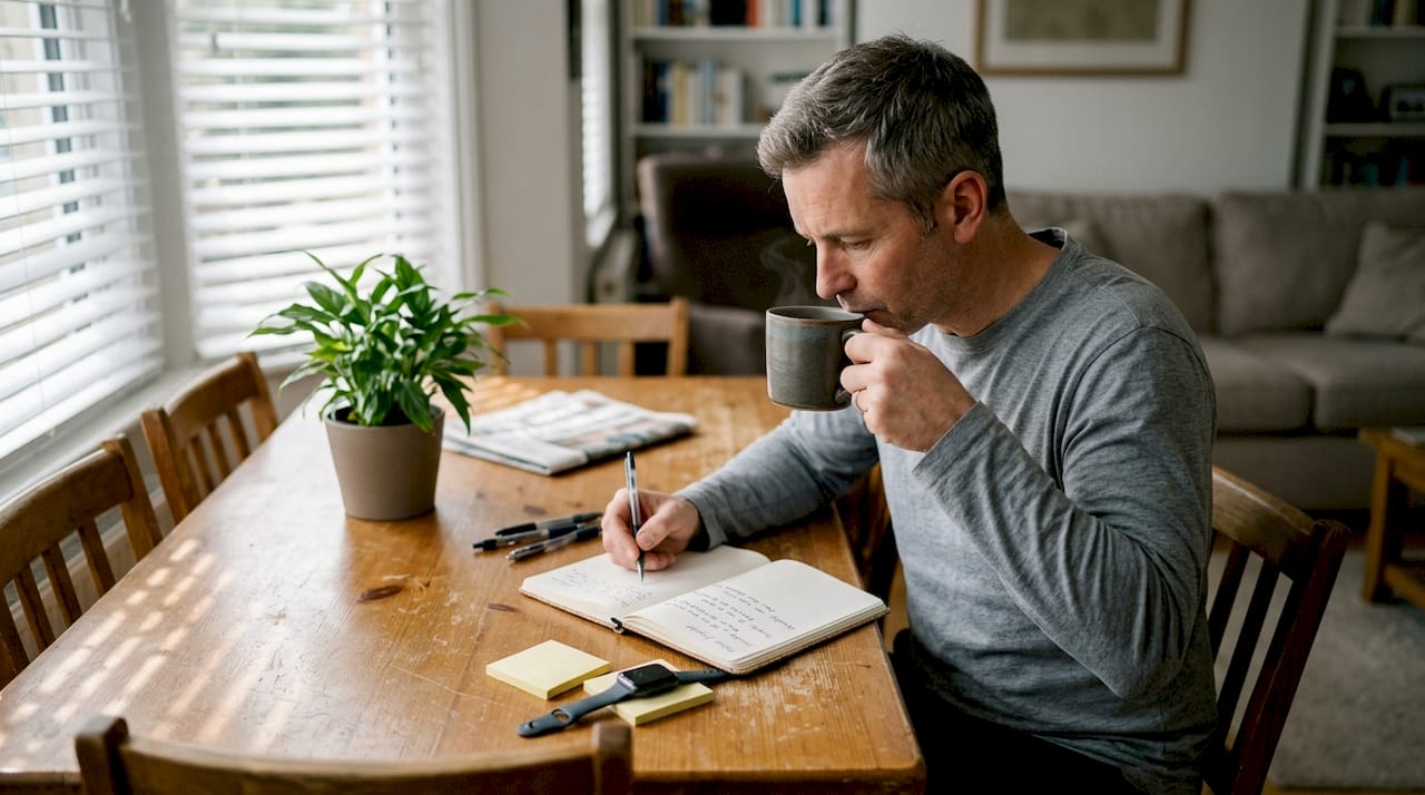 Man journaling health routine at home table
