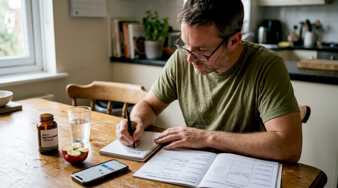 Man planning supplement routine at table