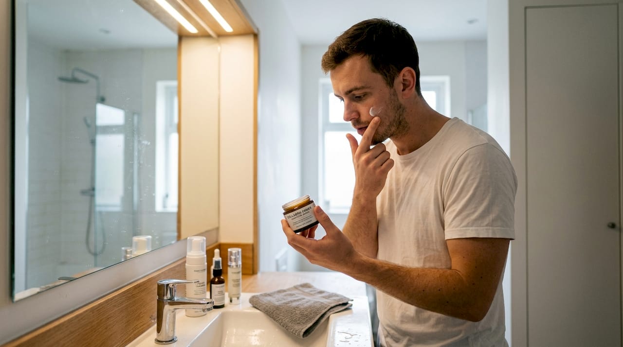 Man applying collagen cream skincare routine