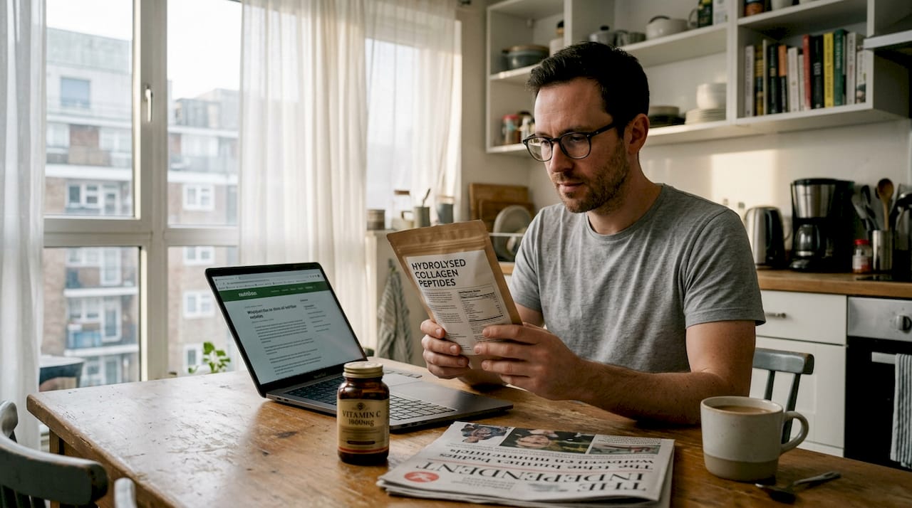 Man reading collagen supplement nutrition label