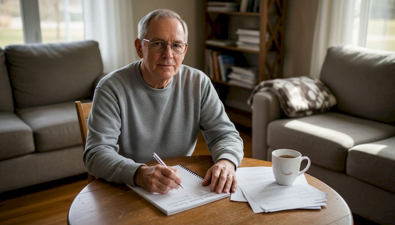 Older man writing in wellness tracking journal