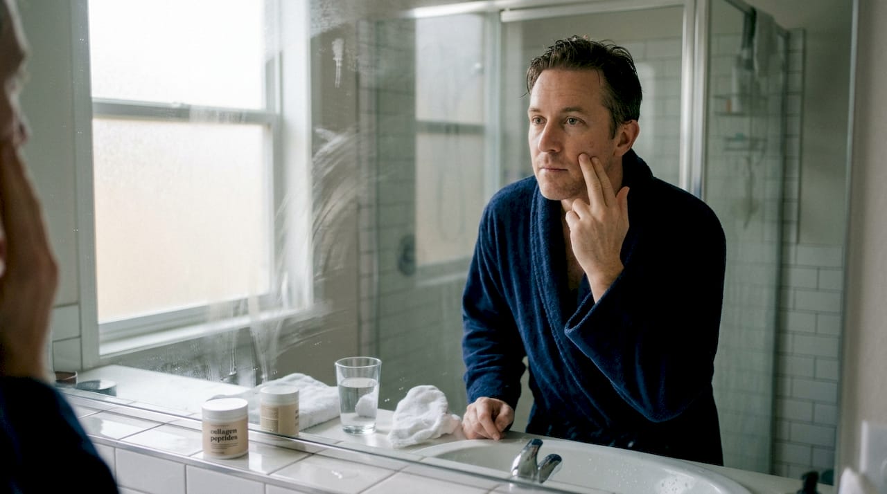 Man checks skin at bathroom mirror morning